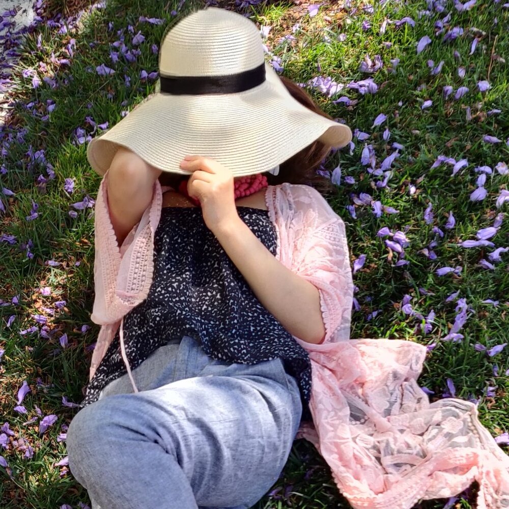 Set of Pink Lace Kimono Open Front Cardigan & Wide Brim Beige Straw Hat Floppy